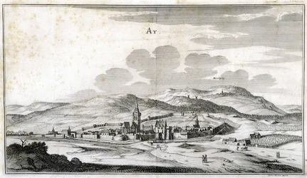 Zicht op de stad Ay. Gravure uit het einde van de 18e eeuw.