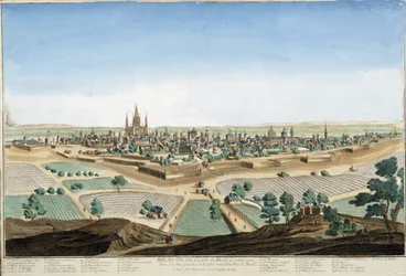 Uitzicht op de stad Milaan, Italië met de kathedraal en de vestingwerken. Gravure uit de 18e eeuw.