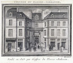 Uitzicht op de buitengevel van het college van Plessis Sorbonne (Parijs), gesticht in 1323 door Geoffroy van Plessis Balisson, gebruikt van 1848 tot 1849 door de ENA. Gravure bewaard in het Musée Carnavalet, Parijs