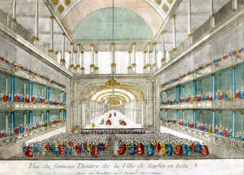 Uitzicht op het beroemde theater van de stad Napels in Italië. Gravure uit het einde van de 18e eeuw
