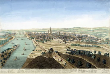 Zicht op de haven en de stad Rouen; Gravure uit de 18e eeuw