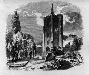 Zicht op het graf van de Italiaanse dichter en toneelschrijver Ugo Foscolo (1778-1827) op de begraafplaats van Chiswick in Londen. Gravure uit de 19e eeuw