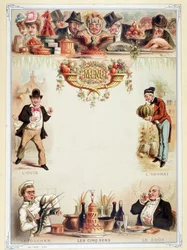 Maagd menu, illustreert de vijf zintuigen - chromolithografie, eind 19e eeuw
