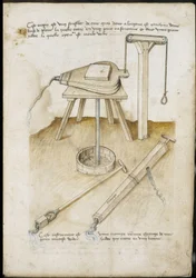 Waterpompinstrumenten - Manuscript: perkamentblad van een ingenieurshandboek voor de bouw van civiele, religieuze en militaire gebouwen, anoniem, laat 15e eeuw (figuur in Chinese inkt)