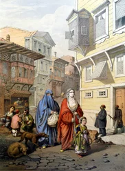 Vrouwen gesluierd in een straat van Constantinopel - gravure