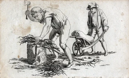 Houthakkers die houtbundels maken en man die bundels op een kruiwagen draagt. Eindgravure van de 18e eeuw. Privécollectie
