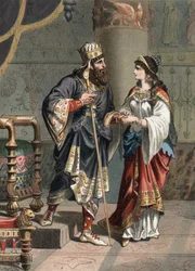Xerxes I, Achaemenidische koning van Perzië (519-465 v.Chr.), met zijn vrouw Amestris. Gravure uit 1881 in ‘El Culto de la Hermosura’ van Juan Justo Huguet, Molinas Hermanos Editores