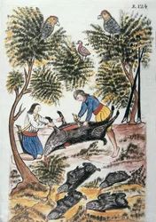 Jonge motilones-indianen slachten een wild zwijn, uit het boek "Trujillo del Peru" of "Códice Martínez Compañón", door Baltazar Martinez Compañón y Bujanda, bisschop van Trujillo (1782-1785)