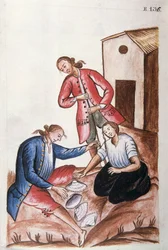 Jonge Indianen die het schelpenspel spelen, uit het boek "Trujillo del Peru" of "Códice Martínez Compañón", door Baltazar Martinez Compañón y Bujanda, bisschop van Trujillo (1782-1785)