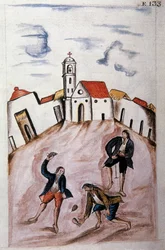 Jonge indianen spelen met een tol, uit het boek "Trujillo del Peru" of "Códice Martínez Compañón", door Baltazar Martinez Compañón y Bujanda, bisschop van Trujillo (1782-1785)