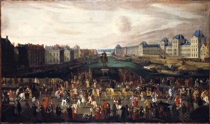 De Pont Neuf, gezien vanaf de ingang van de Place Dauphine, de Quai Malaquais met het Collège des Quatre-Nations in aanbouw, de Grande Galerie en het Louvre, omstreeks 1665. Een stoet trekt over de brug, tussen 1665 en 1669