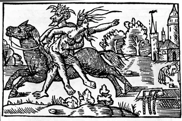 De duivel neemt een heks van een paard en brengt haar naar de hel. Houtsnede uit de 16e eeuw