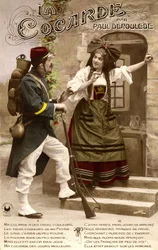 Aanhechting van Elzas-Lotharingen tijdens de Eerste Wereldoorlog: Franse soldaat en Elzasser vrouw in gesprek. Ansichtkaart 1914-1918.