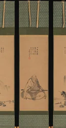 Zenmeester met meditatiestaf en Chinese landschappen, waarschijnlijk eind 1620s-1644