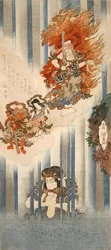 Acteurs Ichikawa Danjuro VII als Mongaku en Matsumoto Koshiro V als Fudo-myoo (boven)