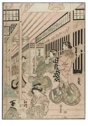 Scène uit de Shin Yoshiwara (drieluik). Interieur van bordeel in Yoshiwara-wijk met courtisanes en klanten, ca. 1830-1843 (houtsnede op papier)
