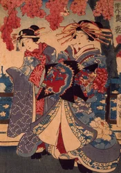 Twee vrouwen in een bloementuin, door Utagawa Kunisada, houtsnede, crepon techniek