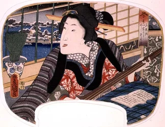 Winter, Shinobazu Vijver; Een geisha die een ballade oefent, ontwerp voor een waaier uit een set van vier die de seizoenen illustreren