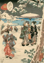 Figuren met parasols in de sneeuw (Een scène uit Het verhaal van Genji)