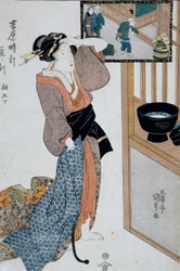 Uur van de tijger, zevende uur van de ochtend, ca. 1818, Ukiyo-e kunstprent door Utagawa Kunisada uit De twaalf uren in Yoshiwara (houtsnede)