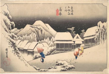 Een besneeuwde avond bij station Kanbara