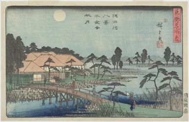 Herfstmaan boven de Mokuboji-tempel, ca. 1840-1842