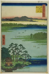 Benten Shrine en Inokashira Pond (Inokashira no ike Benten no yashiro), uit de serie "One Hundred Famous Views of Edo (Meisho Edo hyakkei)".