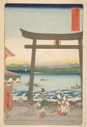 De ingang naar Enoshima in de provincie Sagami, uit Zesendertig gezichten op de berg Fuji, 1858