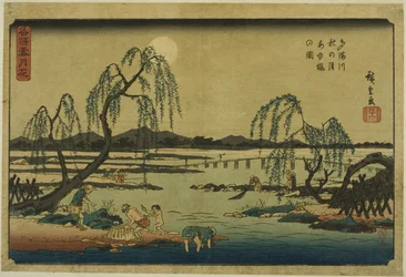 Vangen van zoetwatervissen in de Tama-rivier onder de herfstmaan (Tamagawa aki no tsuki ayuryo no zu), uit de serie "Sneeuw, maan en bloemen op beroemde plaatsen (Meisho setsugekka)"