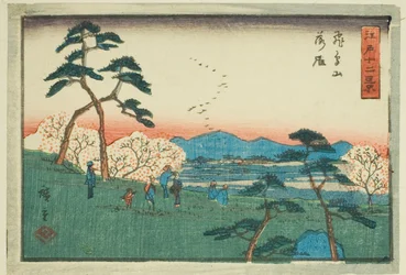 Neerdalende Ganzen bij Asuka Heuvel (Asukayama rakugan), uit de serie "Twaalf Zichten van Edo (Edo juni kei)"