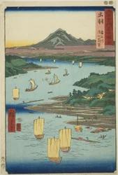 Provincie Dewa: Mogami Rivier en een Ver Uitzicht op de Berg Gassan (Dewa, Mogamigawa, Gassan enbo), uit de serie 
