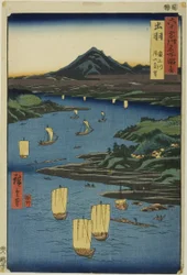 Provincie Dewa: Mogami rivier en een ver uitzicht op de Gassan berg (Dewa, Mogamigawa, Gassan enbo), uit de serie "Beroemde plaatsen in de zestig provincies (Rokujuyoshu meisho zue)".