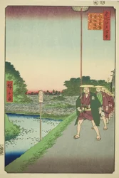 Ver uitzicht op het Akasaka-reservoir vanaf de Kinokuni-helling (Kinokunizaka Akasaka Tameike enkei), uit de serie "Honderd beroemde uitzichten van Edo (Meisho Edo hyakkei)"