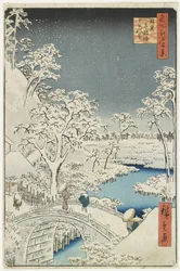 Drumbrug en Zonsondergangheuvel bij Meguro, april 1856