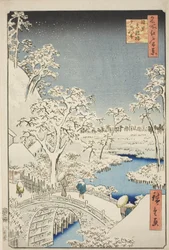 Drumbrug en Yuhi-heuvel bij Meguro (Meguro Taikobashi Yuhi-no-oka), uit de serie "Honderd Beroemde Zichten van Edo (Meisho Edo hyakkei)"