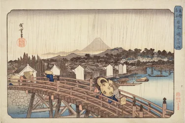 Avondregen bij Nihonbashi-brug, uit Beroemde Plaatsen van de Oostelijke Hoofdstad, ca. 1832