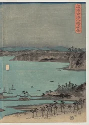 Avondzicht op de acht beroemde plaatsen bij Kanazawa onder volle maan in de provincie Musashi