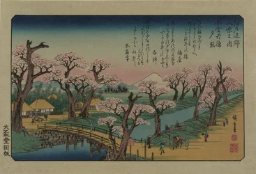Avondgloed bij Koganei-brug. Uit de serie Acht uitzichten in de omgeving van Edo, 1838