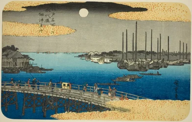 Vissersboten bij Eitai-brug in Tsukuda-baai (Eitaibashi Tsukuda oki isaribune), uit de serie "Beroemde plaatsen in Edo (Edo meisho no uchi)"