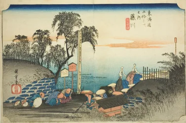 Fujikawa: Uitzicht op de buitenwijken van het poststation (Fujikawa, bohana no zu), uit de serie "Drieënvijftig stations van de Tokaido (Tokaido gojusan tsugi no uchi)," ook bekend als de Hoeido Tokaido