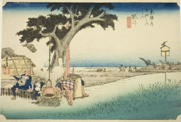 Fukuroi: Theekraam (Fukuroi, dejaya no zu), uit de serie "Drieënvijftig Stations van de Tokaido (Tokaido gojusan tsugi no uchi)," ook bekend als de Hoeido Tokaido