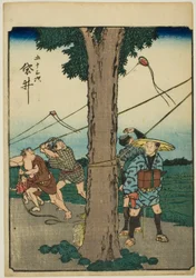 Fukuroi, uit de serie "Drieënvijftig stations [van de Tokaido] (Gojusan tsugi)," ook bekend als de Figuren Tokaido (Jinbutsu Tokaido)
