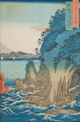 Grotten op het eiland Enoshima in de provincie Sagami / Sagami Enoshima Iwaya no kuchi, plaat 15 uit de serie: Gezichten op beroemde plaatsen in meer dan zestig provincies / Rokuju yoshu meisho zue