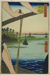 Haneda veerboot en Benten heiligdom (Haneda no watashi Benten no yashiro), uit de serie "Honderd beroemde vergezichten van Edo (Meisho Edo hyakkei)".