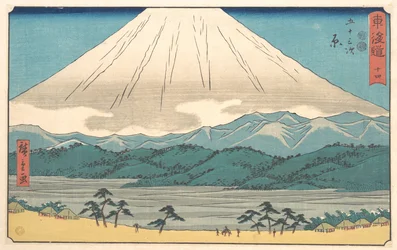 Hara, nummer 14, uit de serie „De drieënvijftig stations van de Tōkaidō-weg“ (Tōkaidō gojūsan tsugi), ook bekend als de „Tōkaidō in klerikaal schrift“ (Reisho Tōkaidō)