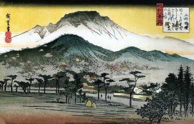 Hiroshige - 8 gezichten op Omi - 4e avondklok, Mii-tempel