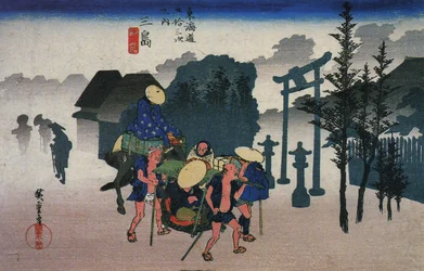 Hiroshige, Reizigers passeren een heiligdom in de mist