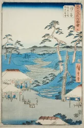 Hodogaya: Ver Uitzicht op de Kamakura Bergen vanaf het Rusthuis nabij de Grensboom (Hodogaya, Kyoboku tateba Kamakura yama enbo), nr. 5 uit de serie "Beroemde Zichten van de Drieënvijftig Stations (Gojusan tsugi meisho zue)," ook bekend als de Verti