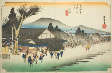 Ishibe: Megawa Dorp, uit de serie "Drieënvijftig Stations van de Tokaido," ook bekend als de Hoeido Tokaido