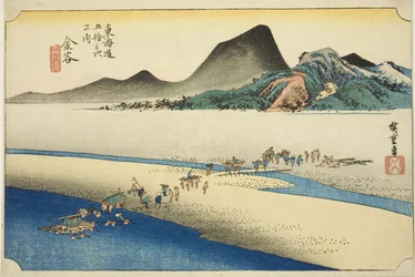 Kanaya: De verre oever van de Oi-rivier (Kanaya, Oigawa engan), uit de serie "Drieënvijftig stations van de Tokaido-weg (Tokaido gojusan tsugi no uchi)," ook bekend als de Hoeido Tokaido